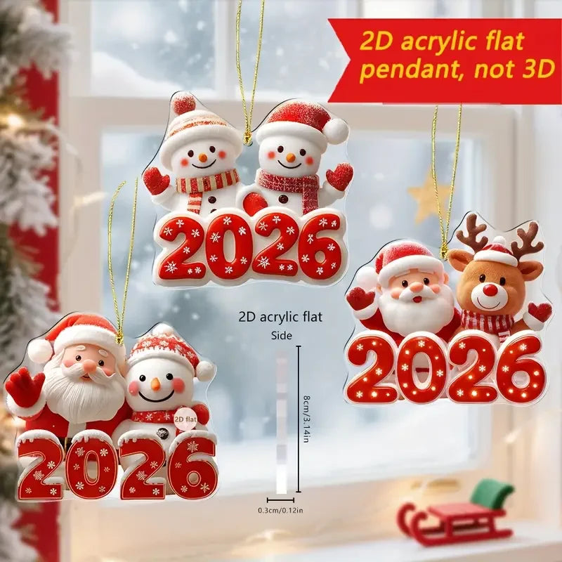 2D Weihnachtsornament 2026 – Süßer Schneemann & Santa | Acryl Anhänger für Weihnachtsbaum & Neujahr Dekoration