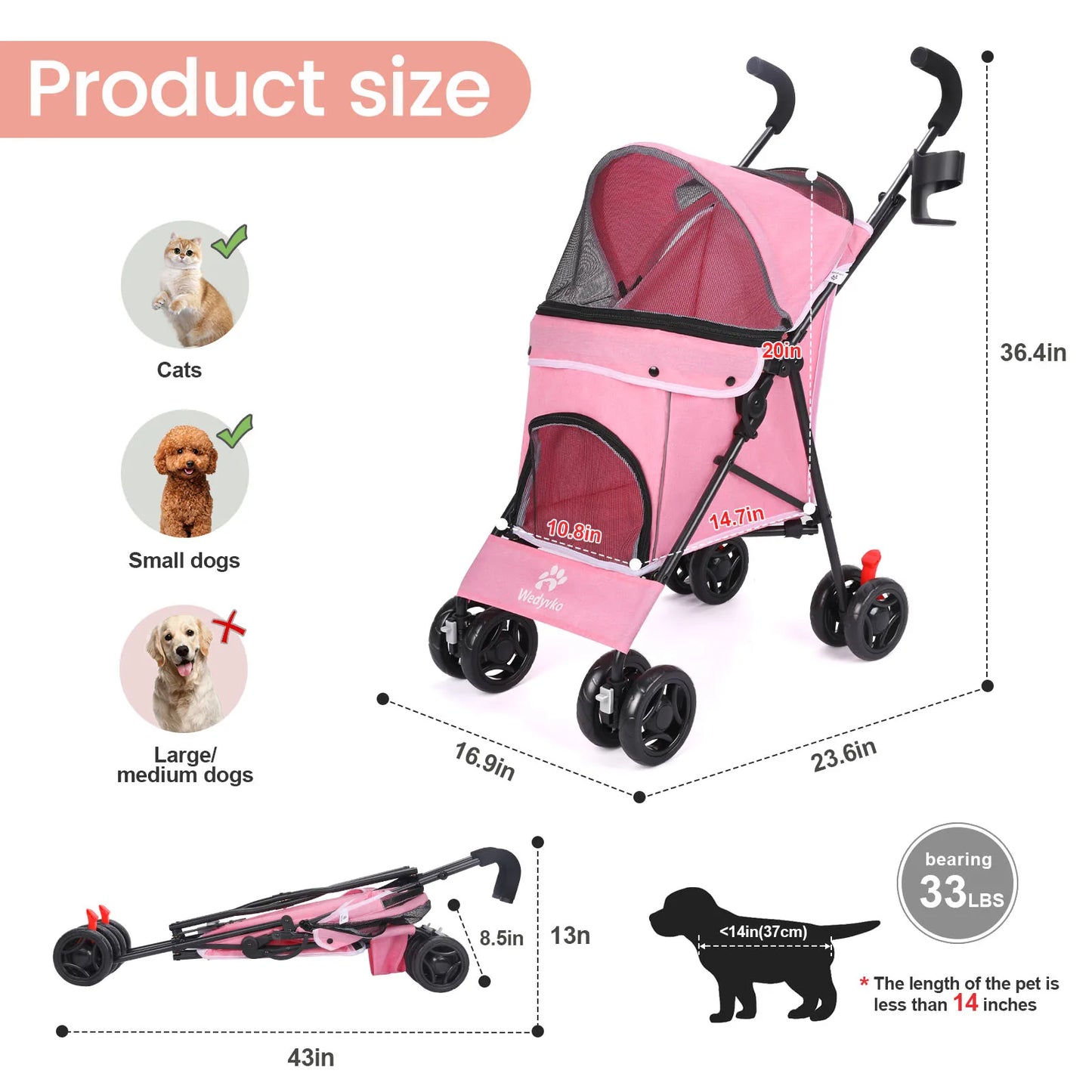 Leichter & Faltbarer Haustier-Kinderwagen für Hunde & Katzen – Atmungsaktiver Outdoor Buggy, Reise-Wagen für kleine bis mittelgroße Haustiere