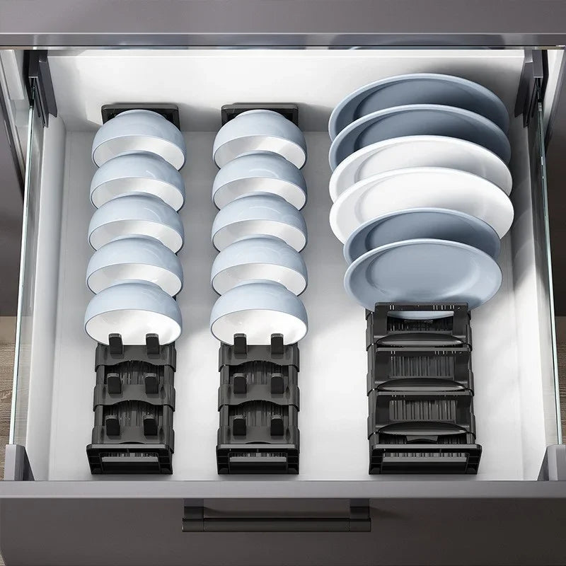 Verstellbares Geschirrregal für Küchenschubladen – Teller & Schüssel Organizer aus Space-Aluminium – Platzsparendes Ordnungssystem für Unterschrank