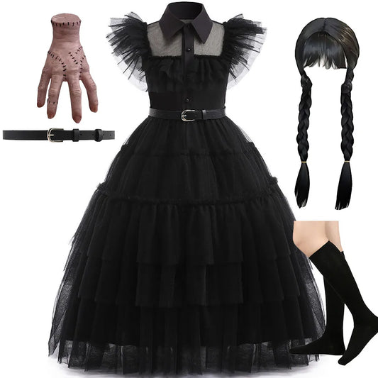 👗 Kinderkostüm Wednesday Addams – Schwarzes Tüllkleid für Mädchen – Halloween, Karneval, Familienfeier, Weihnachten